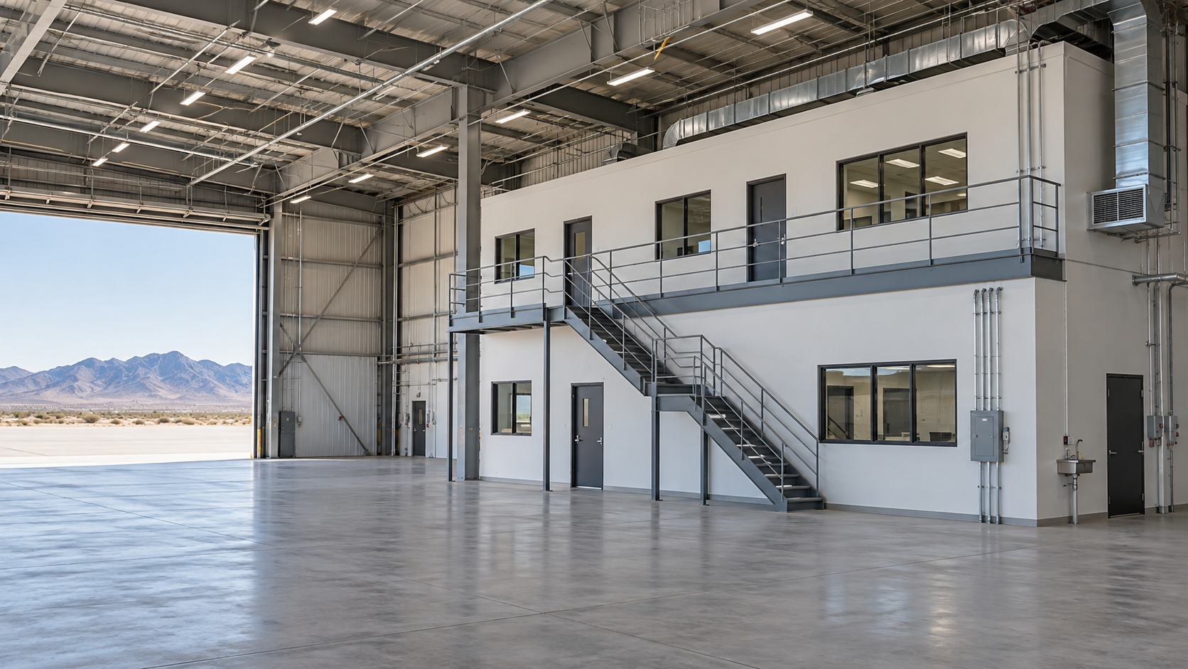 Illustration of a renovated hangar with a two-story support space and steel staircase