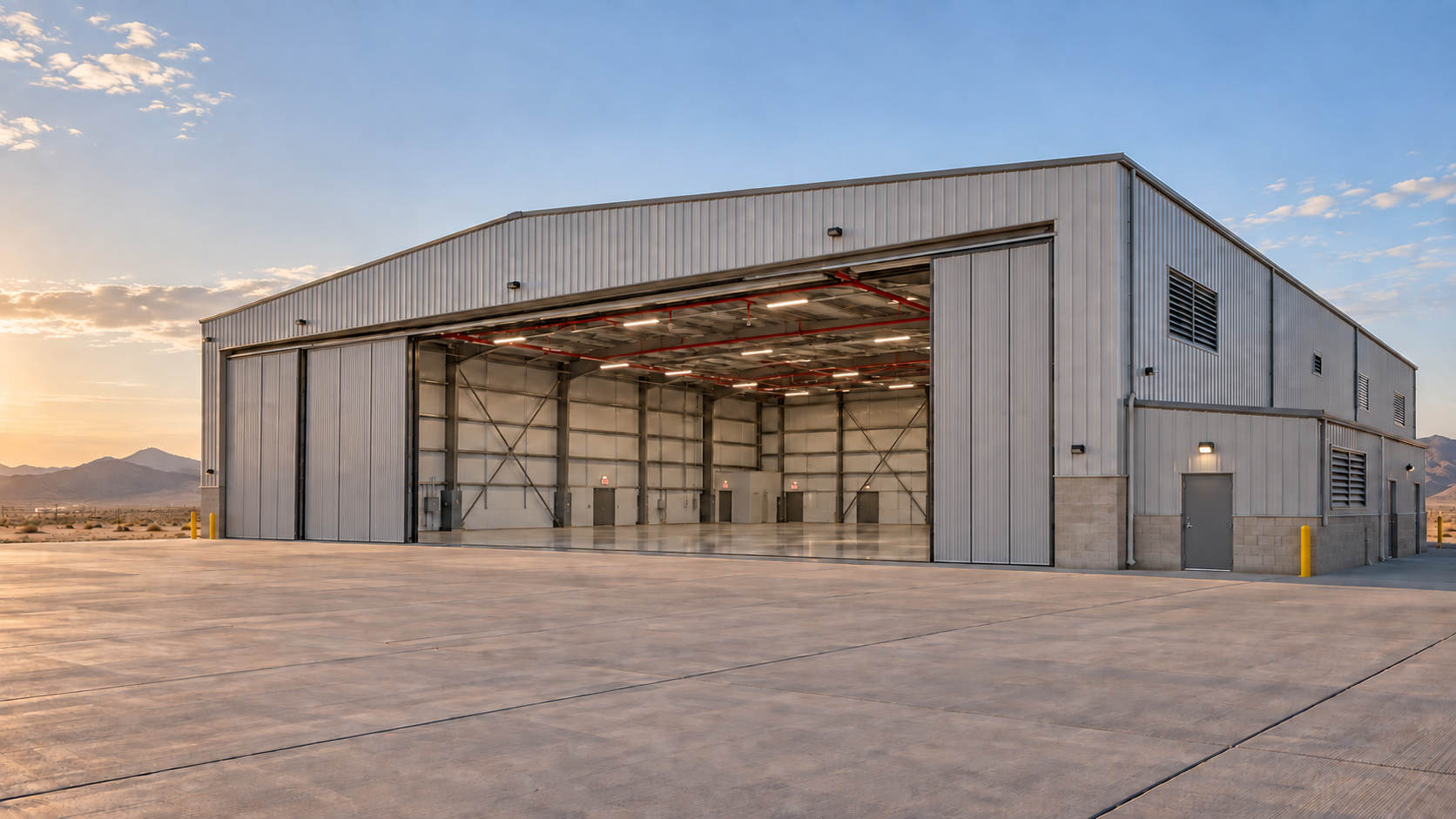 Illustration of an aircraft hangar exterior and open maintenance bay in a desert setting