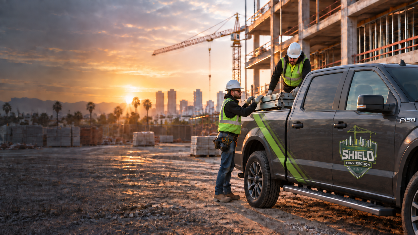 Brand illustration of a Shield Construction truck and crew at a commercial construction site